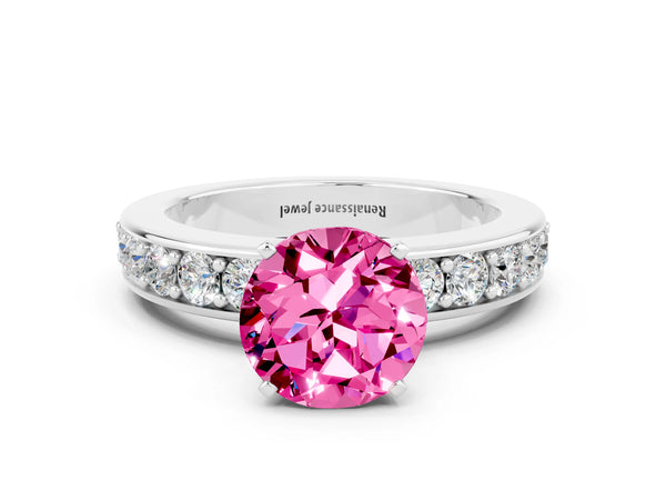 Silver Round Cut Pink Sapphire Engagement Ring with Channel Set Round Band and Prong Setting