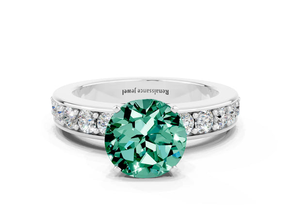 Silver Round Cut Green Sapphire Engagement Ring with Channel Set Round Band and Prong Setting