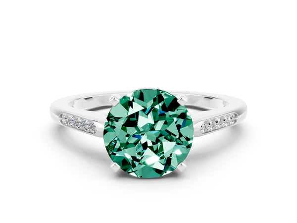 White gold Round Cut Green Sapphire Solitaire Ring with Channel Set Round Band and Prong Setting