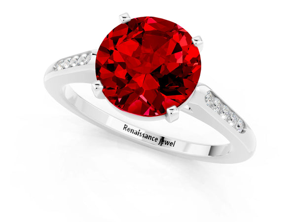 Platinum Round Cut Ruby Solitaire Ring with Channel Set Round Band and Prong Setting