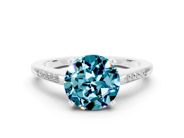 White gold Round Cut Blue Topaz Solitaire Ring with Channel Set Round Band and Prong Setting