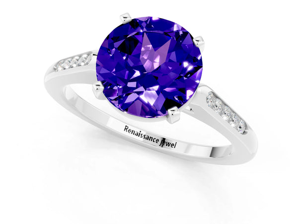 Platinum Round Cut Tanzanite Solitaire Ring with Channel Set Round Band and Prong Setting