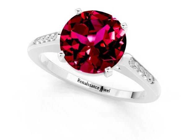Silver Round Cut Garnet Solitaire Ring with Channel Set Round Band and Prong Setting