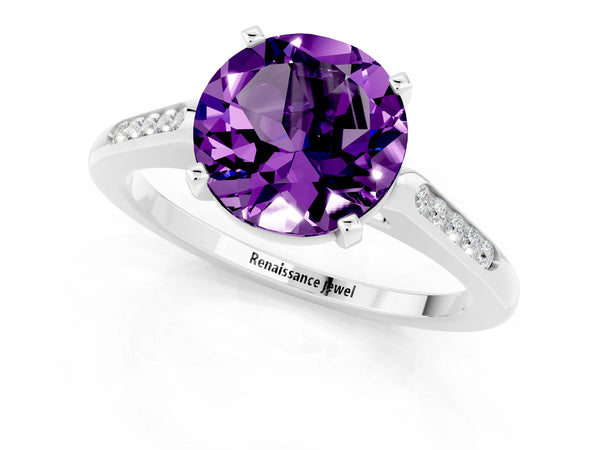 White gold Round Cut Amethyst Solitaire Ring with Channel Set Round Band and Prong Setting