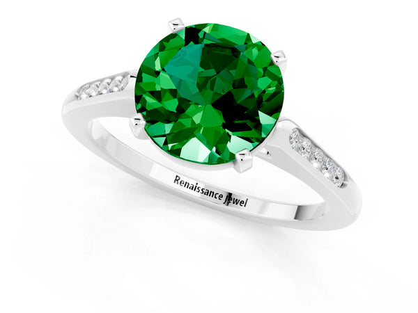 White gold Round Cut Emerald Solitaire Ring with Channel Set Round Band and Prong Setting