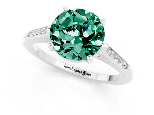 Silver Round Cut Green Sapphire Solitaire Ring with Channel Set Round Band and Prong Setting