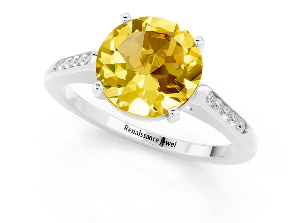 White gold Round Cut Yellow Sapphire Solitaire Ring with Channel Set Round Band and Prong Setting