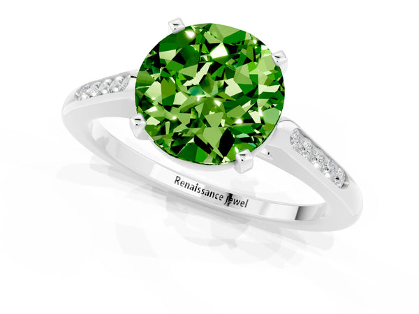 Silver Round Cut Peridot Solitaire Ring with Channel Set Round Band and Prong Setting