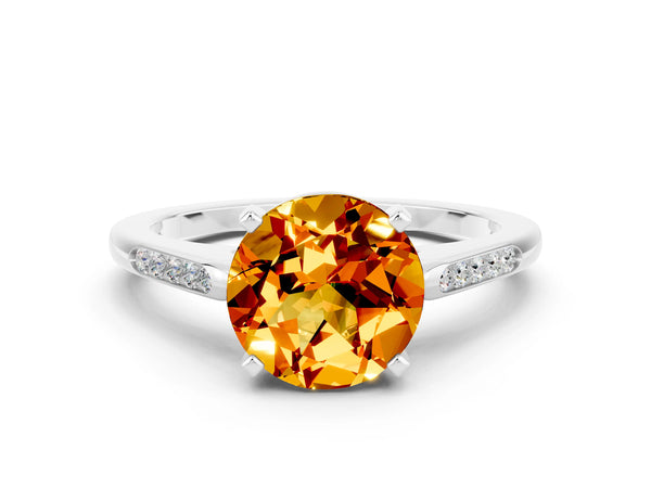 Platinum Round Cut Citrine Solitaire Ring with Channel Set Round Band and Prong Setting