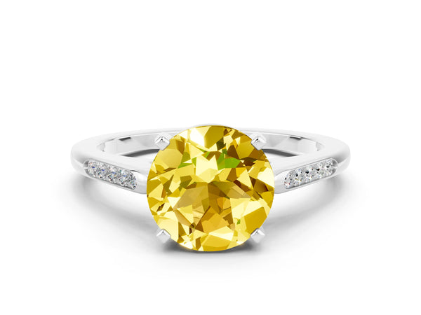 Platinum Round Cut Yellow Sapphire Solitaire Ring with Channel Set Round Band and Prong Setting