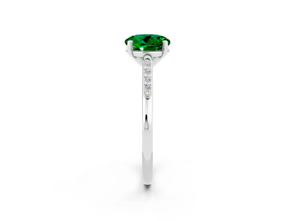 White gold Round Cut Emerald Solitaire Ring with Channel Set Round Band and Prong Setting