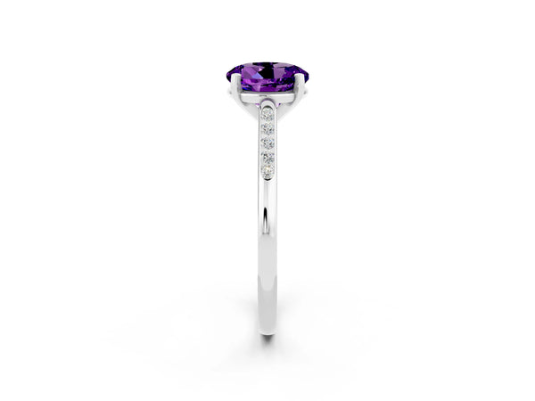 Silver Round Cut Amethyst Solitaire Ring with Channel Set Round Band and Prong Setting