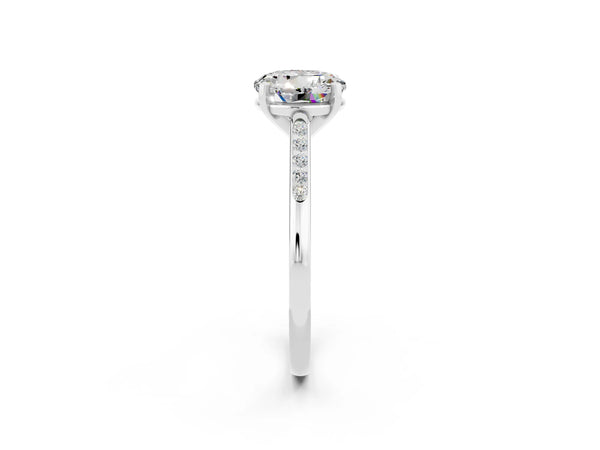 Platinum Round Cut Moissanite Solitaire Ring with Channel Set Round Band and Prong Setting