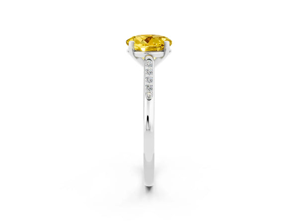 Silver Round Cut Yellow Sapphire Solitaire Ring with Channel Set Round Band and Prong Setting