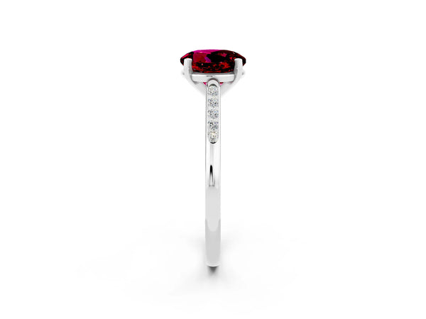 Silver Round Cut Garnet Solitaire Ring with Channel Set Round Band and Prong Setting