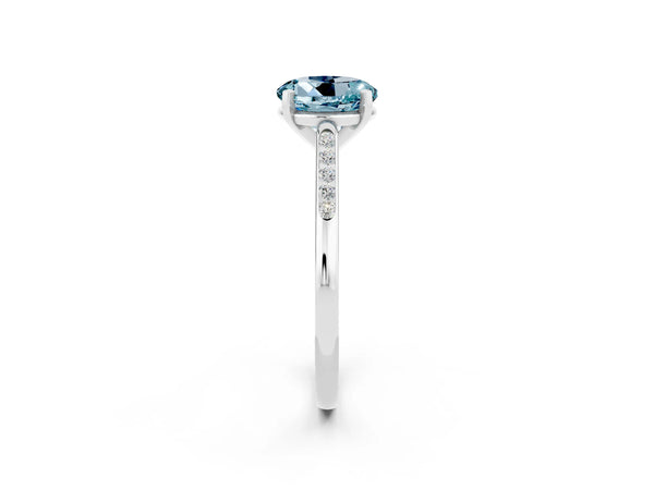 White gold Round Cut Aquamarine Solitaire Ring with Channel Set Round Band and Prong Setting