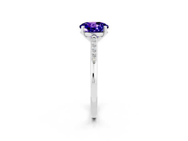 Silver Round Cut Tanzanite Solitaire Ring with Channel Set Round Band and Prong Setting