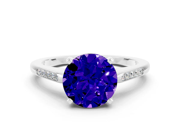 Platinum Round Cut Tanzanite Solitaire Ring with Channel Set Round Band and Prong Setting
