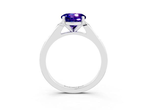 Platinum Round Cut Tanzanite Solitaire Ring with Channel Set Round Band and Prong Setting