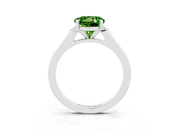 Platinum Round Cut Peridot Solitaire Ring with Channel Set Round Band and Prong Setting
