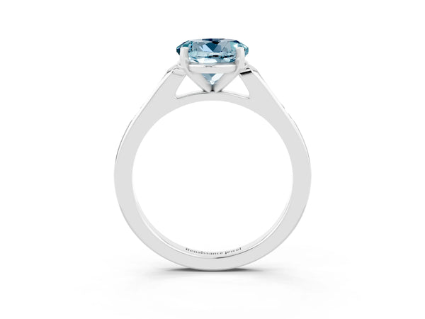 White gold Round Cut Aquamarine Solitaire Ring with Channel Set Round Band and Prong Setting