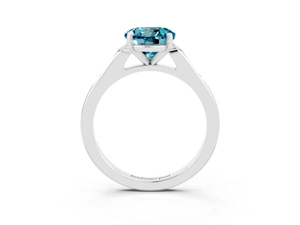White gold Round Cut Blue Topaz Solitaire Ring with Channel Set Round Band and Prong Setting