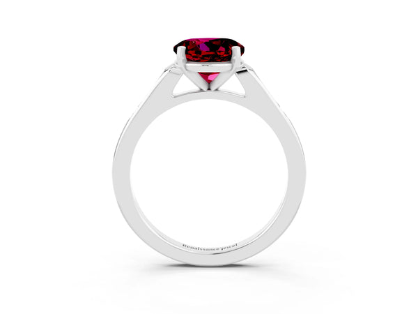 Silver Round Cut Garnet Solitaire Ring with Channel Set Round Band and Prong Setting