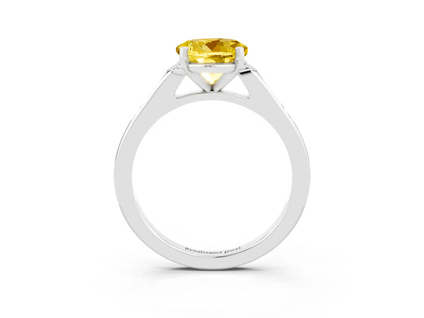 Platinum Round Cut Yellow Sapphire Solitaire Ring with Channel Set Round Band and Prong Setting