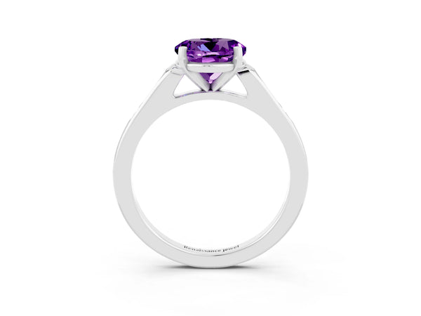 Silver Round Cut Amethyst Solitaire Ring with Channel Set Round Band and Prong Setting