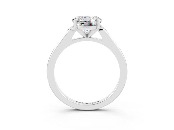 Platinum Round Cut Moissanite Solitaire Ring with Channel Set Round Band and Prong Setting