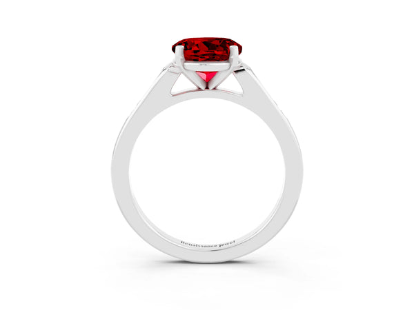 Silver Round Cut Ruby Solitaire Ring with Channel Set Round Band and Prong Setting