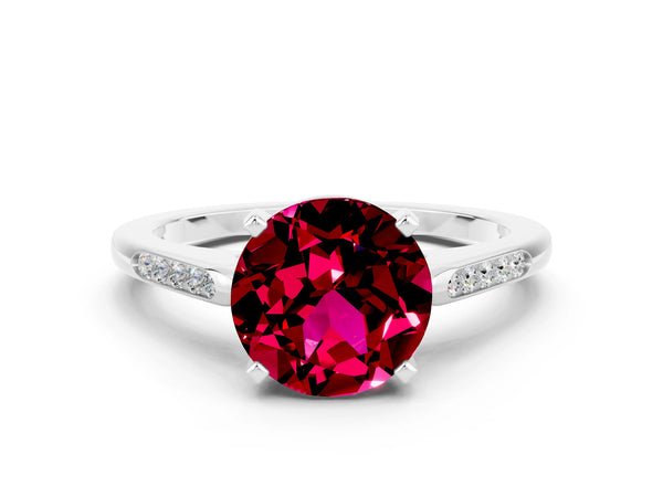 Silver Round Cut Garnet Solitaire Ring with Channel Set Round Band and Prong Setting
