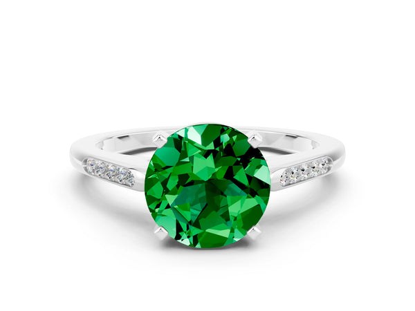 Silver Round Cut Emerald Solitaire Ring with Channel Set Round Band and Prong Setting