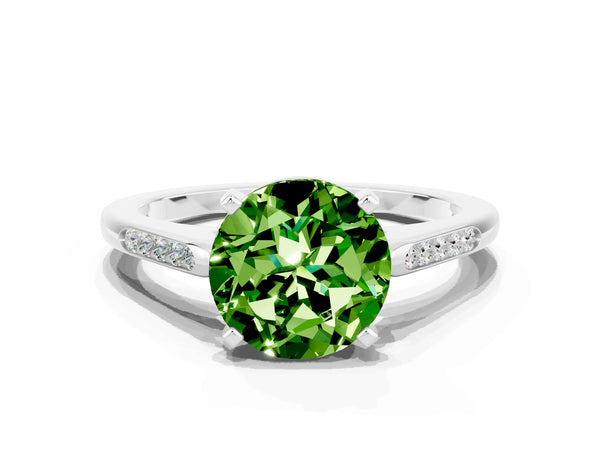 Platinum Round Cut Peridot Solitaire Ring with Channel Set Round Band and Prong Setting