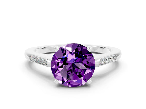 Silver Round Cut Amethyst Solitaire Ring with Channel Set Round Band and Prong Setting