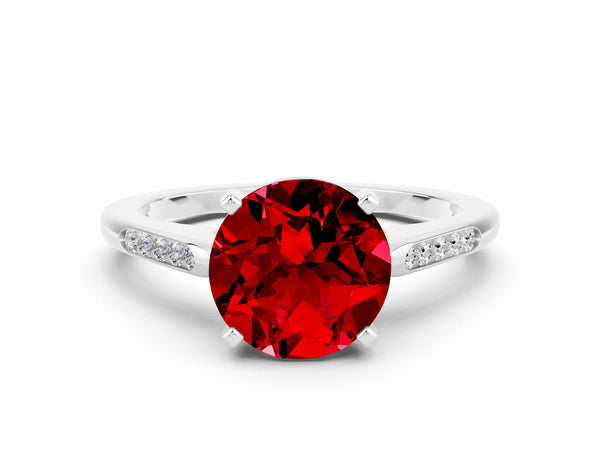 Silver Round Cut Ruby Solitaire Ring with Channel Set Round Band and Prong Setting