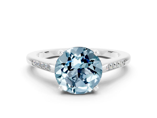 White gold Round Cut Aquamarine Solitaire Ring with Channel Set Round Band and Prong Setting