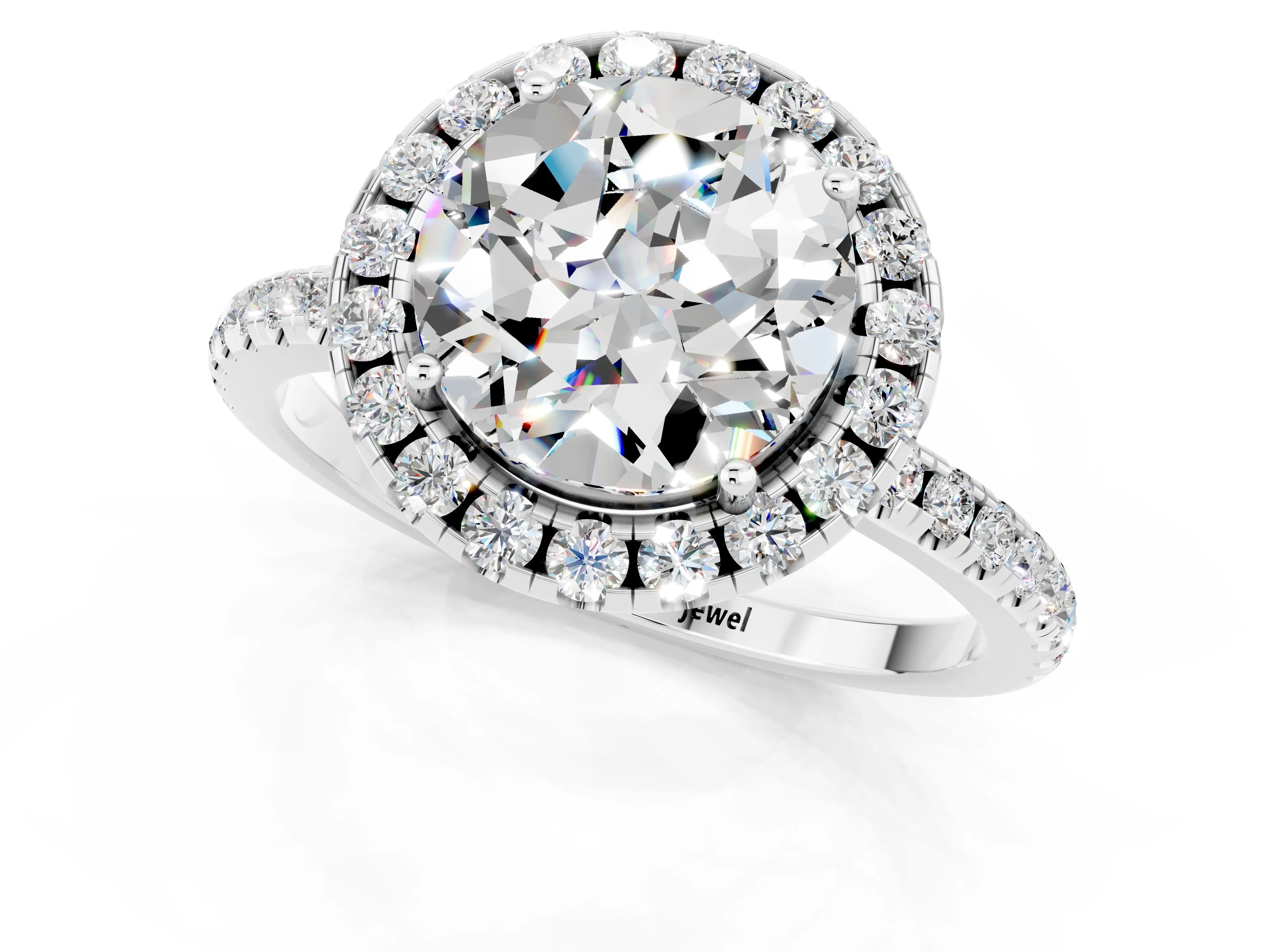 White gold Round Cut Cut Diamond Floral Halo Engagement Ring with Pavé Band and Prong Setting_1