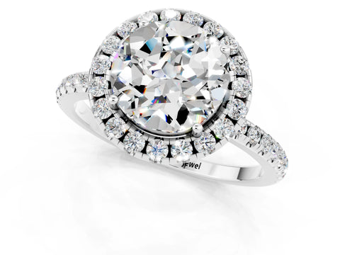 White gold Round Cut Cut Diamond Floral Halo Engagement Ring with Pavé Band and Prong Setting_1