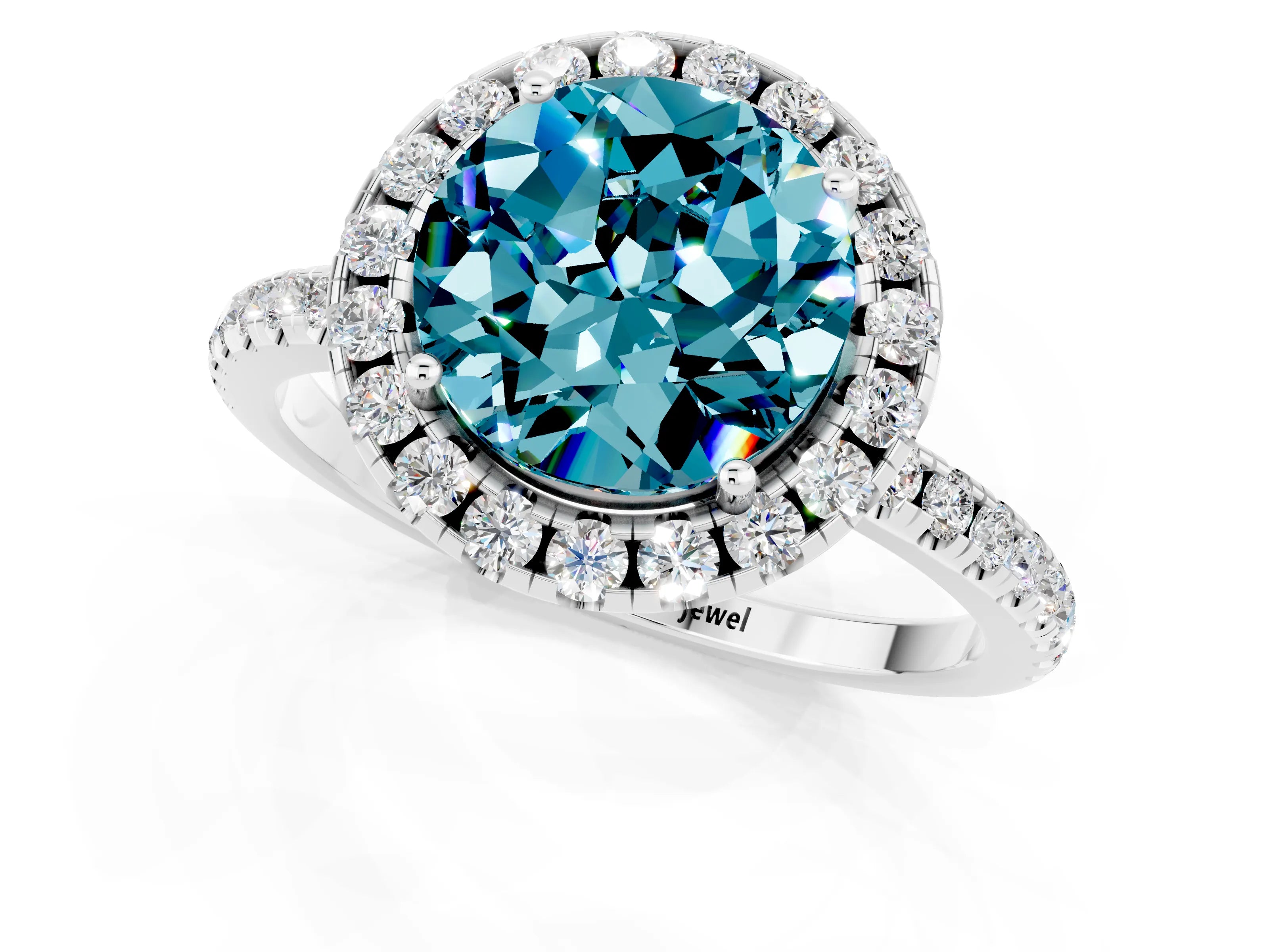White gold Round Cut Cut Diamond Floral Halo Engagement Ring with Pavé Band and Prong Setting_1