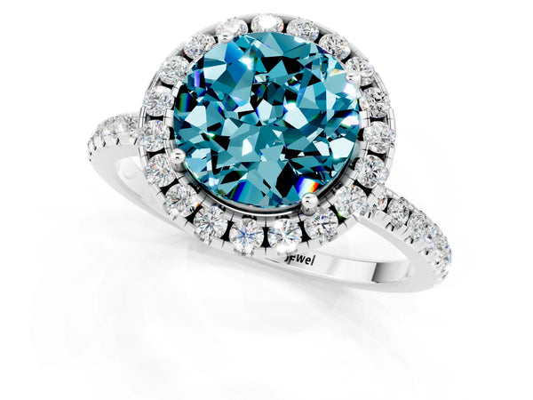 Silver Round Cut Cut Diamond Floral Halo Engagement Ring with Pavé Band and Prong Setting