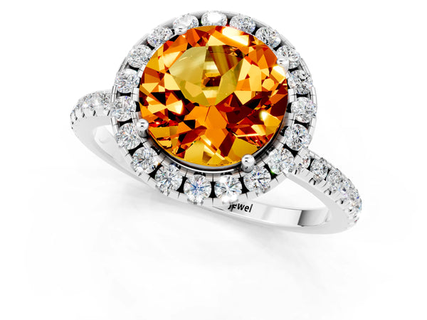 White gold Round Cut Citrine Halo Engagement Ring with Round Pavé Band and Prong Setting