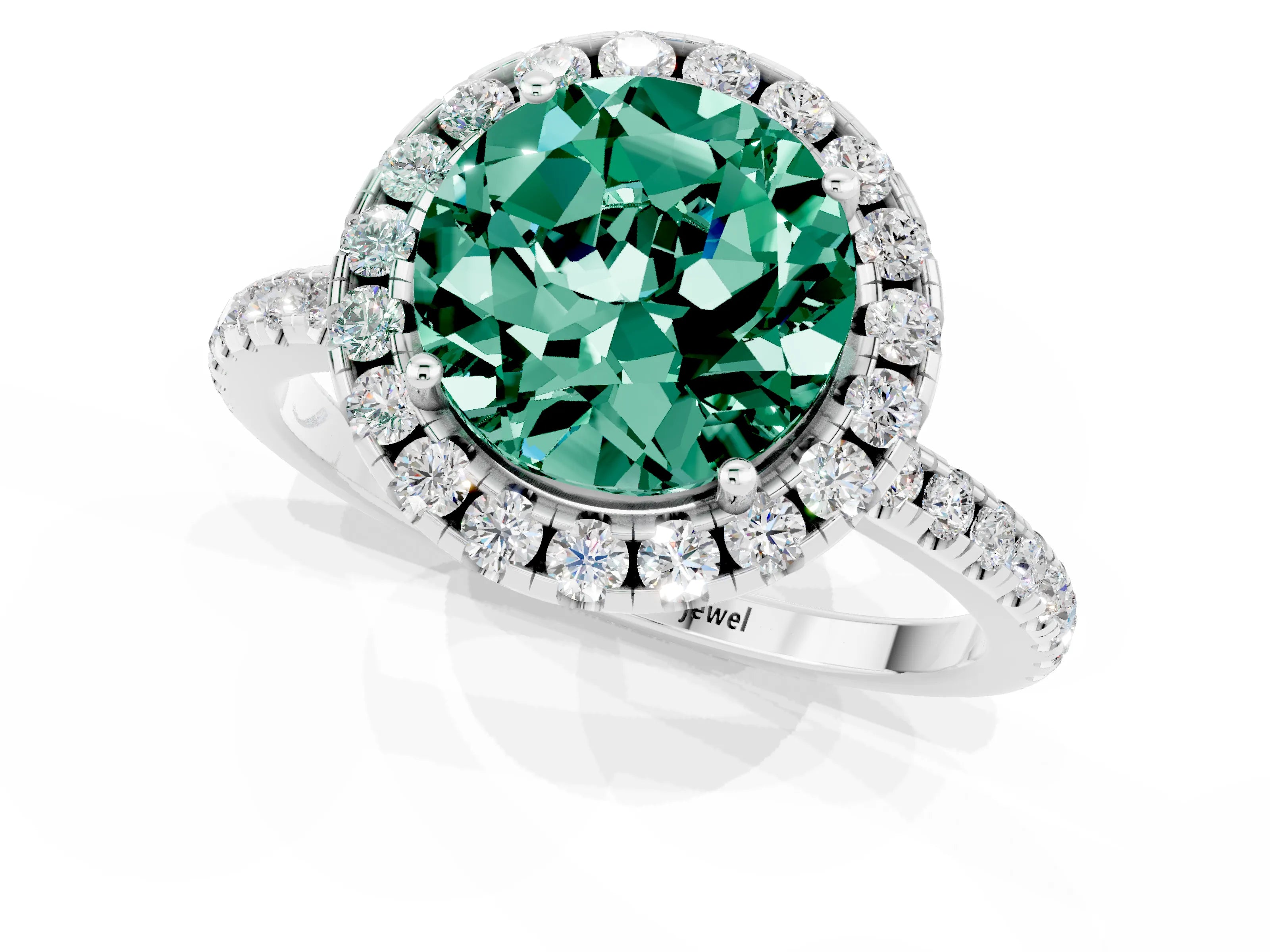 White gold Round Cut Cut Diamond Floral Halo Engagement Ring with Pavé Band and Prong Setting_1