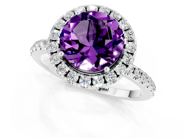 White gold Round Cut Amethyst Halo Engagement Ring with Round Pavé Band and Prong Setting