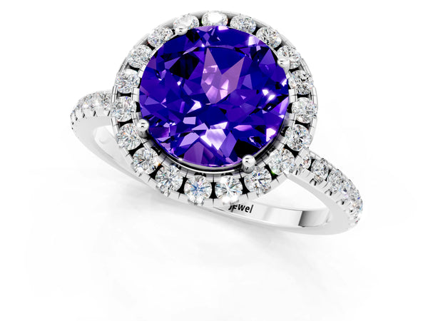 Silver Round Cut Tanzanite Halo Engagement Ring with Round Pavé Band and Prong Setting