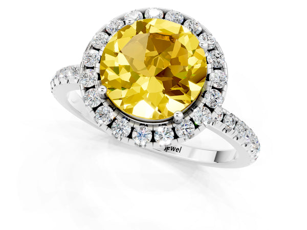 Platinum Round Cut Yellow Sapphire Halo Engagement Ring with Round Pavé Band and Prong Setting