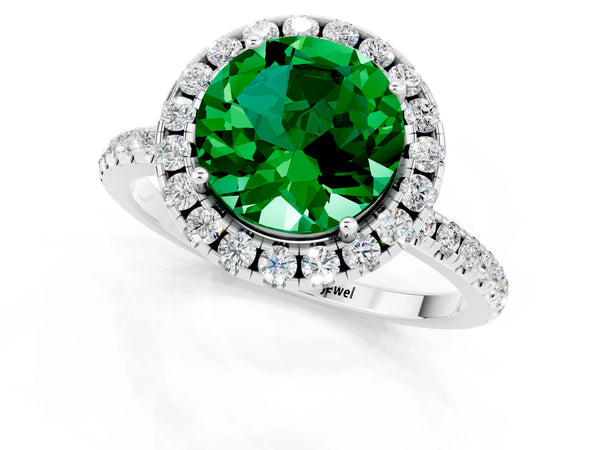 Silver Round Cut Emerald Halo Engagement Ring with Round Pavé Band and Prong Setting