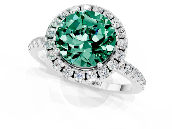 Silver Round Cut Green Sapphire Halo Engagement Ring with Round Pavé Band and Prong Setting