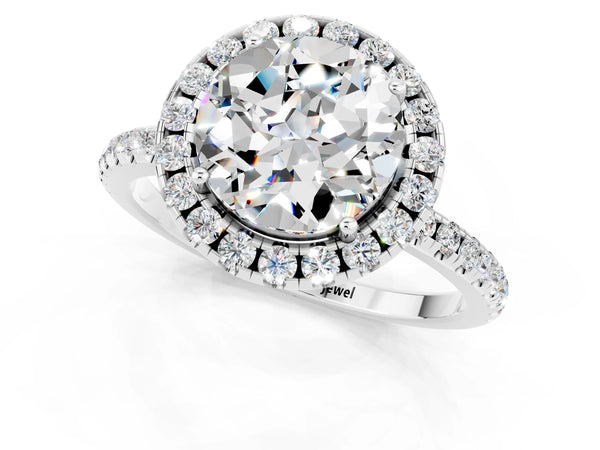 White gold Round Cut Moissanite Halo Engagement Ring with Round Pavé Band and Prong Setting