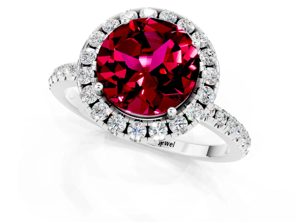 Silver Round Cut Garnet Halo Engagement Ring with Round Pavé Band and Prong Setting